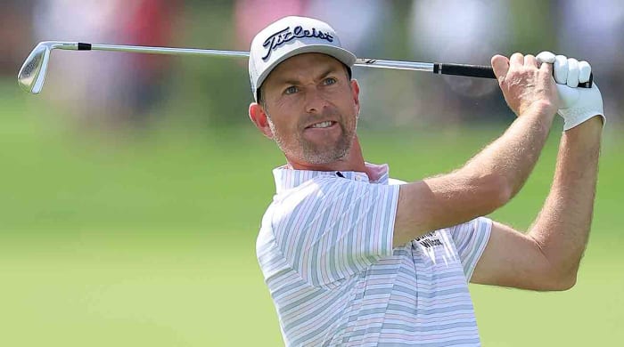Webb Simpson plays a shot during the first round of the 2024 Arnold Palmer Invitational presented by Mastercard at Bay Hill Golf Course in Orlando, Fla.